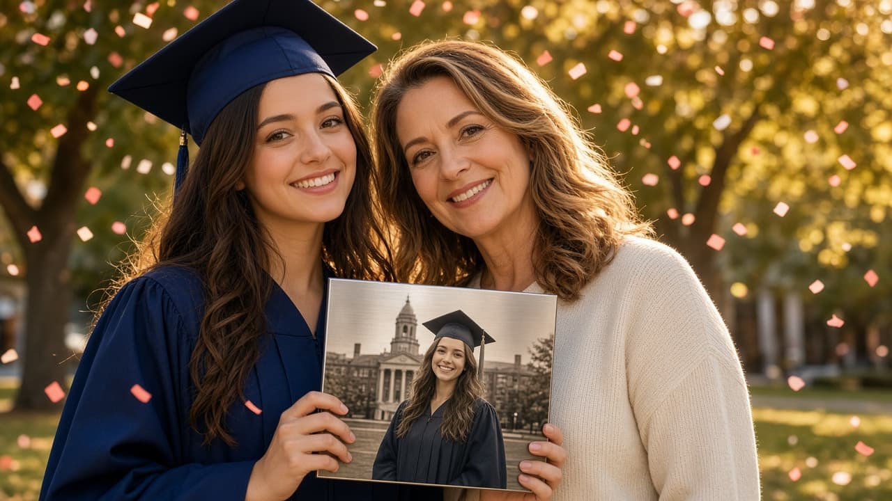 A graduate holding a personalized milestone photo gift