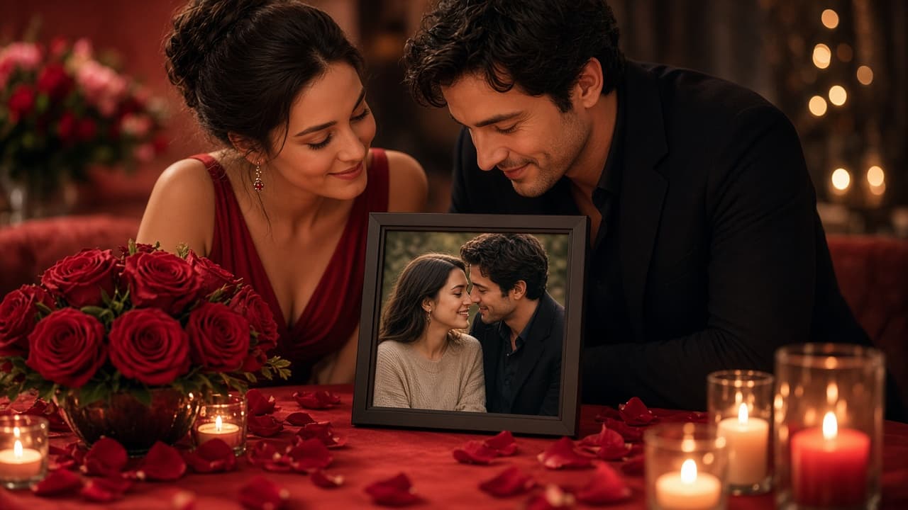 A couple sharing a Valentine’s Day photo gift
